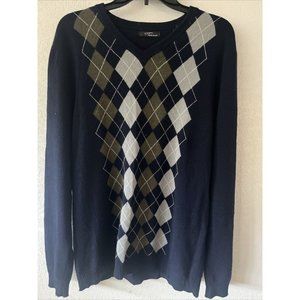 TWO A M Navy Blue Argyle V Neck 100% CASHMERE MENS SWEATER SZ L